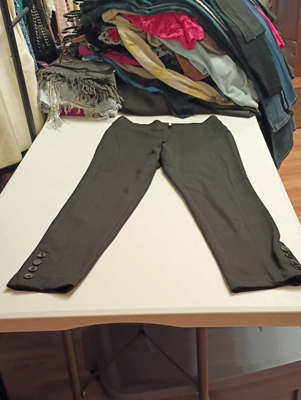 Cache Black Cropped Ankle Pants with Button Trim